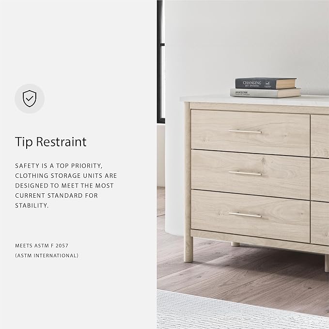 Signature Design by Ashley Cadmori Casual Bohemian Dresser with Post Legs and 6 Drawers, Replicated Marble Top, Wood, 35" High, White and Light Brown Finish