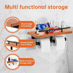 Toilet Paper Holder with Wood Shelf, Wall Mount Toilet Paper Roll Holder with Wooden Shelf and Matte Black Stainless Steel Pipe, Tissue Roll Holder for Bathroom Washroom (Light Brown, 13.8'' x 5.9'')