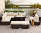 NICESOUL 10 Piece Patio Furniture Sectional Set with Fire Pit Propane/Natural Gas Convertible, 29.3'' High Back Deep Wide Outdoor Couch, 9 Seater Oversized High-End Wicker Conversation Sofas, Brown
