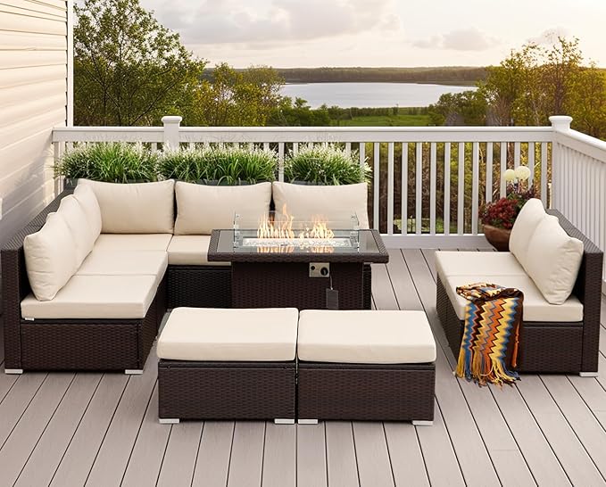 NICESOUL 10 Piece Patio Furniture Sectional Set with Fire Pit Propane/Natural Gas Convertible, 29.3'' High Back Deep Wide Outdoor Couch, 9 Seater Oversized High-End Wicker Conversation Sofas, Brown