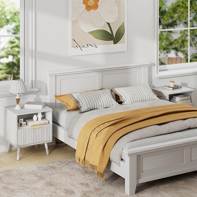 LYNSOM Fluted Dresser and Nightstand Sets 2 Piece, 1-Drawer Nightstands and 5-Drawers Dresser, Wood Bedroom Furniture Set for Home, Bedroom, Hallway, White