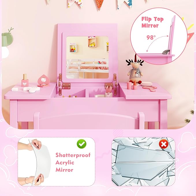 HONEY JOY Kids Vanity, Wooden Girls Vanity Desk with Flip Top Mirror, Hidden Storage Space, Toddler Makeup Vanity Dressing Table, Pretend Play Kids Vanity Table and Chair Set (Pink)
