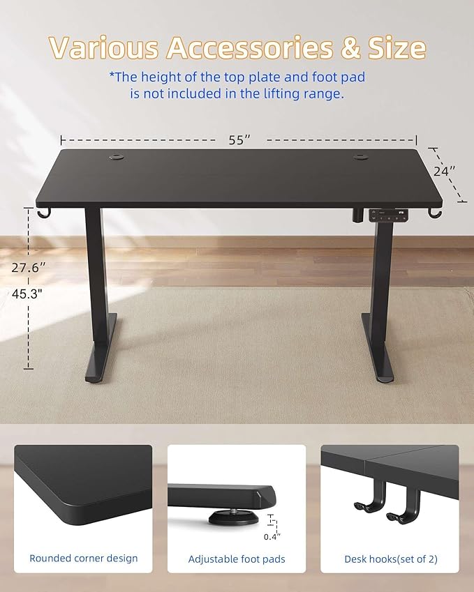 YIHAYO Electric Standing Desk, 55 x 24 Inches Stand Up Desk with Splice Board, Computer Desk for Home Office, Black Frame/Black Top