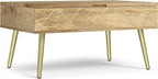 SIMPLIHOME Jager Lift Top Coffee Table - 36 inch Wide Solid Mango Wood Contemporary Modern Cocktail Table in Natural, Stylish Living Room Table with Hidden Storage, Brass Inlay, and Gold Metal Legs