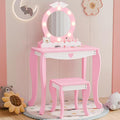 MU Kids Vanity Set with Lighted Mirror and Stool, Kids Make Up Vanity Desk with Storage Space, Wing Pattern for Little Girls, Toddler Princess Makeup Dressing Table with Chair Set, Pink