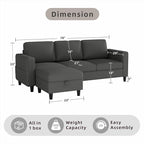Sectional Sofa and Couches for Living Room, 78'' Dark Grey 3 Seat L-Shaped Couch with Movable Ottoman, Comfy Linen Convertible Sectionals Sofas with Chaise for Apartment, Office, Small Space