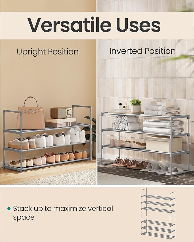SONGMICS Shoe Rack, 3-Tier Shoe Organizer, Metal Storage Shelf, Upright or Upside Down, for 16-20 Pairs, Stackable, for Entryway, 11.8 x 36.2 x 21.7 Inches, Gray ULSA303G01