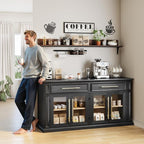 LGHM 63" Sideboard Buffet Cabinet with Drawers, Modern Kitchen Storage Cabinet with Adjustable Shelves and Magnetic Catch Doors, Wood Coffee Bar for Kitchen, Living Room, Black
