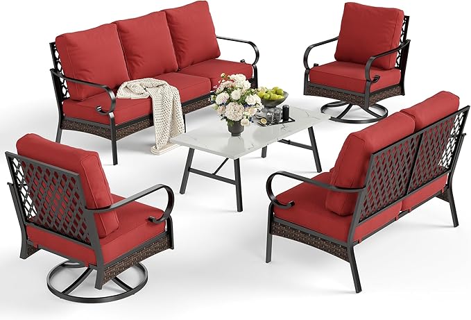 5 Piece Metal Outdoor Patio Furniture Set, Patio Conversation Setsv with 3-Seater Sofa, Loveseat, 2 Fixed Sofa (5.75" Thick Cushion) & Coffee Table Black Backyard Furniture, Rust Red
