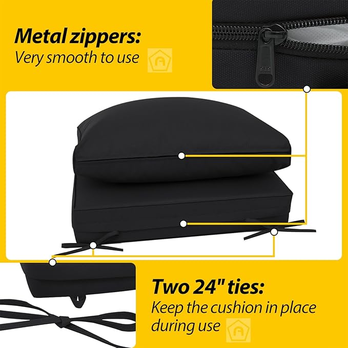 AAAAAcessories Outdoor Deep Seat Cushions, Waterproof, Fade-Resistant Patio Furniture Replacement Cushions, 25.5" x 25.5" x 5" + 25.5" x 13.5", Black