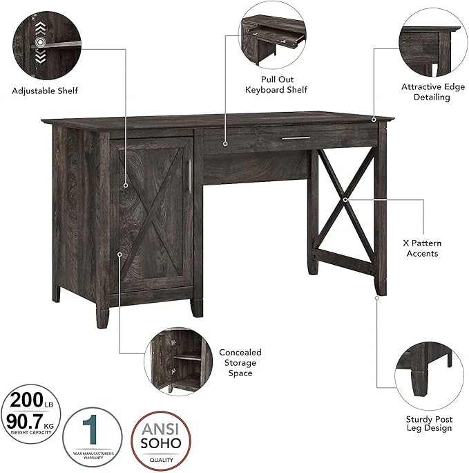 Bush Furniture Key West 54W Computer Desk with Storage and 2 Drawer Lateral File Cabinet in Dark Gray Hickory