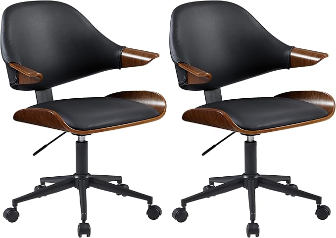 Art Leon Swivel Desk Chairs, Set of 2, Mid Century Modern Office Chairs with Wheels, Faux Leather Upholstered Armchairs, Adjustable Height Task Chairs with Metal Base, Walnut Bentwood, Black