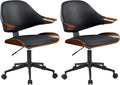 Art Leon Swivel Desk Chairs, Set of 2, Mid Century Modern Office Chairs with Wheels, Faux Leather Upholstered Armchairs, Adjustable Height Task Chairs with Metal Base, Walnut Bentwood, Black