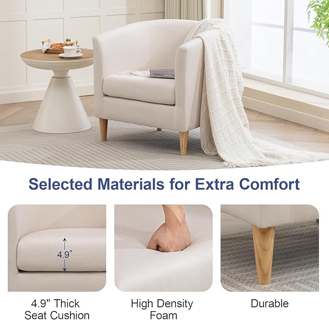 Accent Barrel Chair, Modern Comfy Living Room Chairs with Armrest Small Reading Chair with Cozy Soft Padded for Bedroom Reception Room Cafe, White