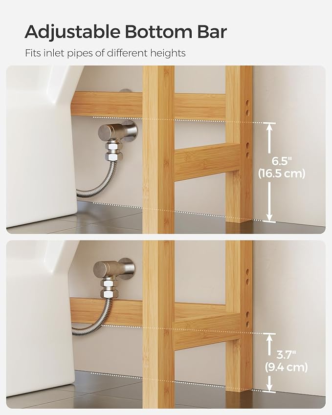 SONGMICS Over The Toilet Storage, 3-Tier Over Toilet Bathroom Organizer with Adjustable Shelf, 10.2 x 24.8 x 66.9 Inches, Space-Saving, Natural Beige UBTS001N01