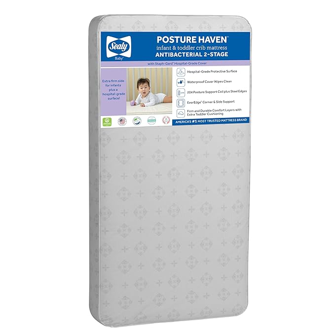 Sealy Baby Posture Haven Orthopedic Antibacterial 2 Stage Waterproof Crib Mattress plus Toddler Bed Fit, 204 Premium Coils, GREENGUARD Gold Certified, Safety & Quality Tested, Made in USA, 52"X28"