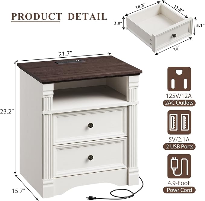 Yaamizz Farmhouse Nightstands Set of 2 with Charging Station, Table with Drawer and Storage Shelf, Wood Pilasters and Metal Handles, Vintage Design, Organizer for Bedroom, Hallway, White
