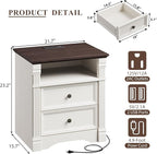 Yaamizz Farmhouse Nightstands Set of 2 with Charging Station, Table with Drawer and Storage Shelf, Wood Pilasters and Metal Handles, Vintage Design, Organizer for Bedroom, Hallway, White