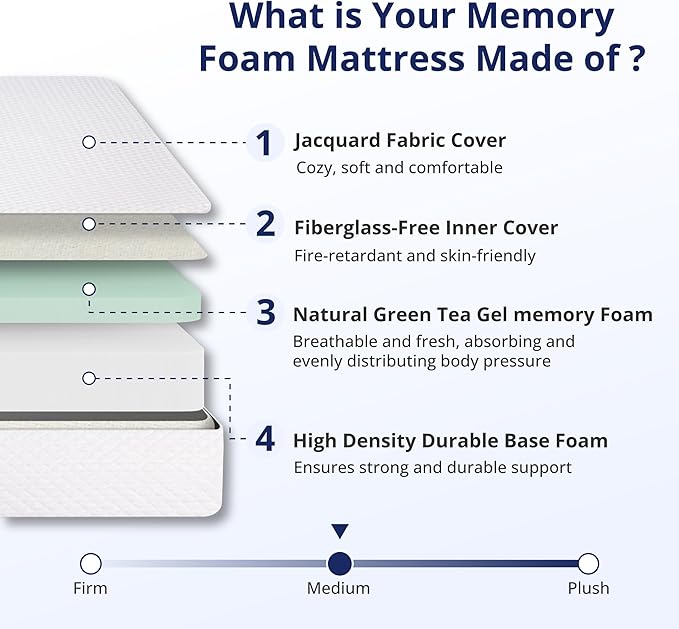 Twin XL Mattress 10 Inch Green Tea Memory Foam Mattress for Cool Sleep & Pressure Relief, Medium Feel, Fiberglass Free, Bed in a Box, Removable Washable Cover, CertiPUR-US Certified