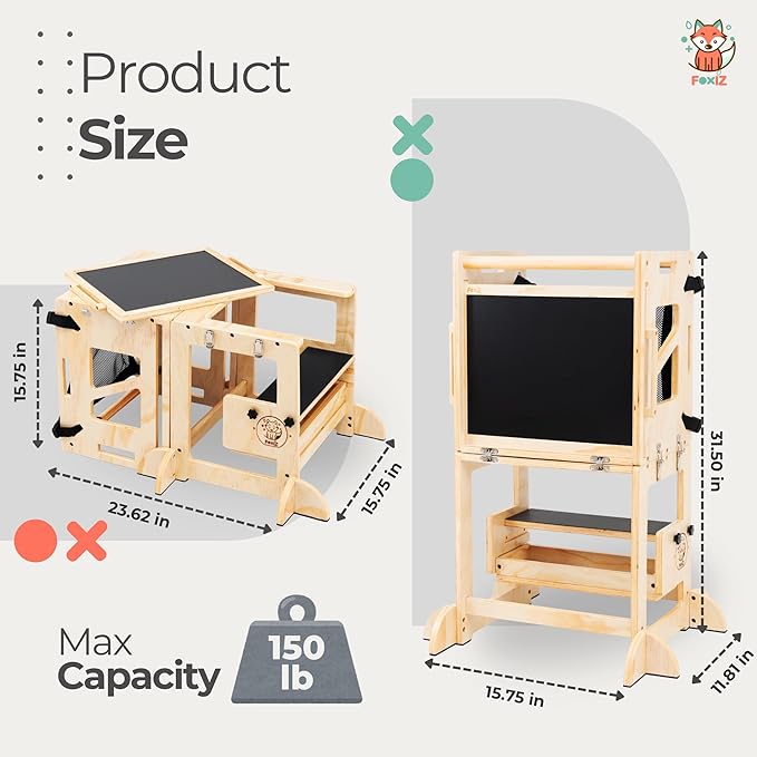 4-in-1 Montessori Smart Learning Tower – Convertible Toddler Step Stool, Activity Table & Chalkboard Center, Adjustable Height with Safety Net – Premium Eco-Friendly Wooden Design for Kids 1–3