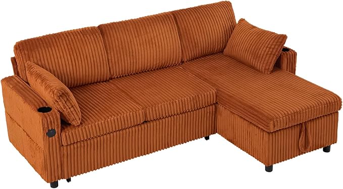 84" Corduroy Pull Out Sofa Bed w/Adjustable Backrests, Sectional L-Shape Sleeper Sofa w/Storage Chaise, Convertible Couch Bed w/USB Charging Port & Cup Holders for Living Room, House, Orange