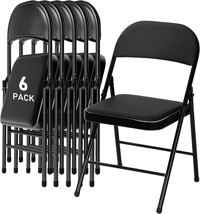 SEALAMB 6 Pack Black Folding Chairs with Padded Seats & Cushion, Durable Metal Foldable Chairs for Wedding Party, Commercial Chairs for Office School Church Events, 330lb Capacity (Black-PU, 6 Pack)