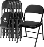 SEALAMB 6 Pack Black Folding Chairs with Padded Seats & Cushion, Durable Metal Foldable Chairs for Wedding Party, Commercial Chairs for Office School Church Events, 330lb Capacity (Black-PU, 6 Pack)