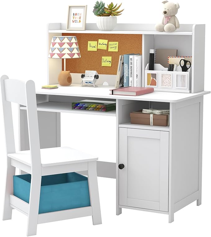 TaoHFE Kids Desk and Chair Set, Kids Desk Chair with Storage and Shelf, Wooden Kids Table and Chairs for Bedroom and Study, Craft Table with Storage Gifts for Boys, Girls to Study, White