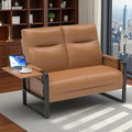 Modern Leather Loveseat, Small Sofa with Side Tray & Pocket, Upholstered Mini Couch for Living Room, Office, Guest Room, Brown