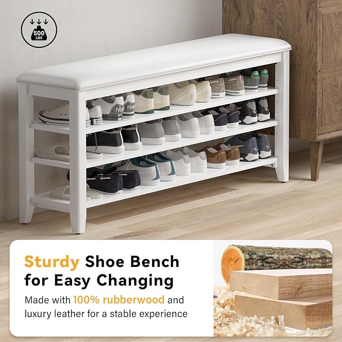 Shoe Bench Storage Rubberwood with Leather Cushion for Entryway Bench Ideal for Hallways Shoe Rack Front Doors Entrances Mudrooms Featuring 3 Height-Adjustable and Removable Shelves