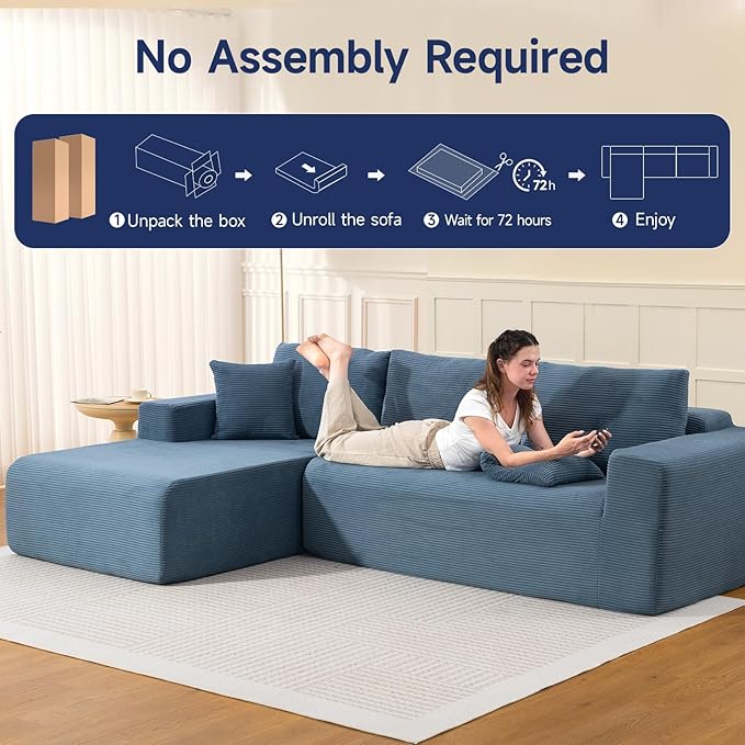 2025 New 108" Cloud Couch Sectional, Modular Sectional Sofa with L-Shaped Chaise, Deep Seat Sectional Modular Couch for Living Room, No Assembly Required (Blue, Left Facing Chaise)
