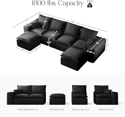 137" Comfy Cloud Couch with U-Shape Chaise & Deep Seat, Modular Sectional Sofa in a Box, Boneless Upholstered Couches for Living Room, No Assembly Required (Soft Corduroy, Black)