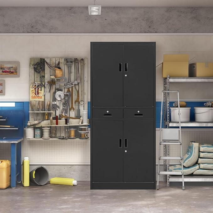 Metal Storage Cabinet，71" Garage Storage Cabinet with 2 Locking Drawer and 4 Adjustable Shelves ，Black Tool Cabinet，Lockable File Steel Cabinet for Home, Office, Gym, School.