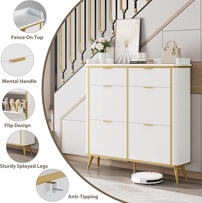 Fluted Shoe Cabinet Storage, Freestanding Hidden Shoe Organizer with 4 Flip Drawers & 2 Drawers, Wood Narrow Shoe Rack Cabinet with Adjustable Shelves for Entryway, Foyer, Hallway, White
