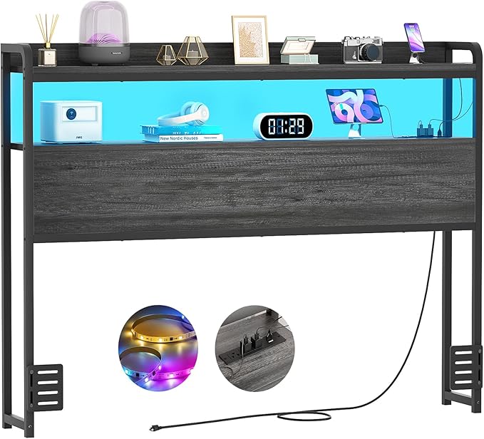 Aheaplus Headboard for Full Size Bed Frame, Headboards with Outlets, USB Ports and LED Light, Head Board with Storage, Height Adjustable, Sturdy and Stable Headboard, Full Size, Black Oak