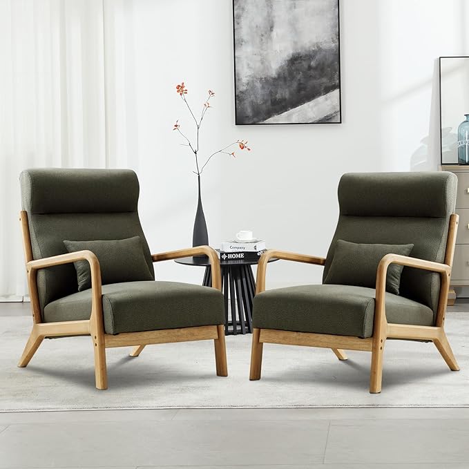 Accent Chair Mid Century Modern Chair Linen Fabric Living Room Chairs with Solid Wood Frame Comfy Upholstered and Lumbar Pillow Reading Side Chair Easy Assembly for Bedroom (1, Green)