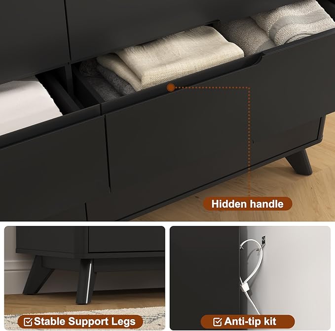 Dresser for Bedroom with 8 Drawers, 55" Large Dresser & Chest of Drawers with Charging Station, Wood Closet Clothes Storage Tall Dressers Organizer for Bedroom Living Room Hallway, Black