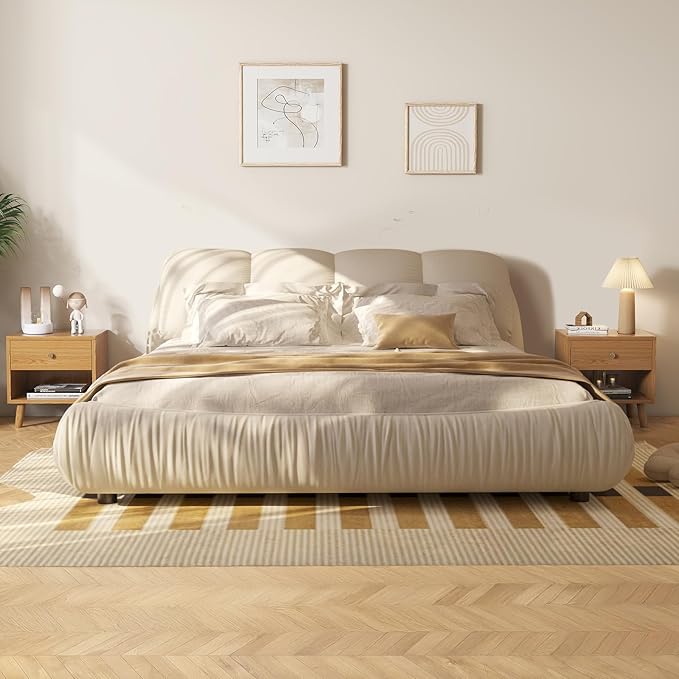 King Size Upholstered Platform Bed with Oversized Padded Backrest and Solid Wood Frame for Bedroom, Apartment Room, Beige