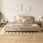King Size Upholstered Platform Bed with Oversized Padded Backrest and Solid Wood Frame for Bedroom, Apartment Room, Beige