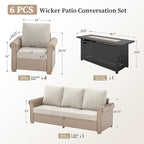 Patio Furniture Set 6 pcs, Wicker Rattan Sofa and Chairs with 5.5" Thick Waterproof Cushions, 56" Fire Pit Table, All Weather Outdoor Conversation Set for Backyard Deck, 7 Seats Beige
