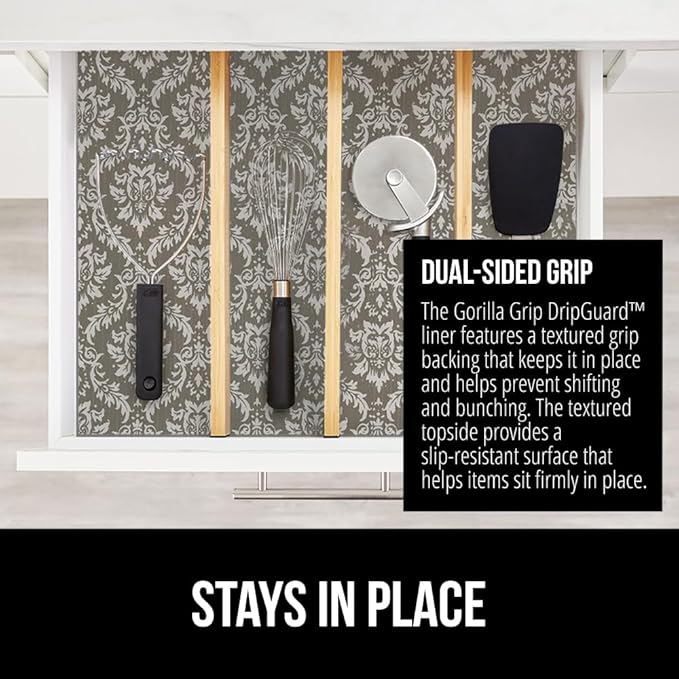 GORILLA GRIP DripGuard Shelf Liner, Non Adhesive Drawer and Kitchen Cabinet Protector, Slip Resistant BPA Free Smooth Surface Plastic Liners for Cabinets, Bathrooms, Closets, 17.5x240 Inch Beige Cream