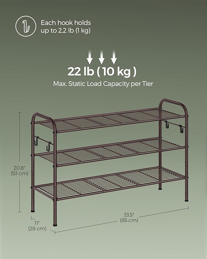 SONGMICS Shoe Rack, 3-Tier Shoe Organizer, Metal Shoe Shelf Storage with 4 Side Hooks, Holds 15 Pairs of Shoes, Height-Adjustable Shoe Rack for Entryway, Hallway, Closet, Easy Assembly, Chestnut Brown