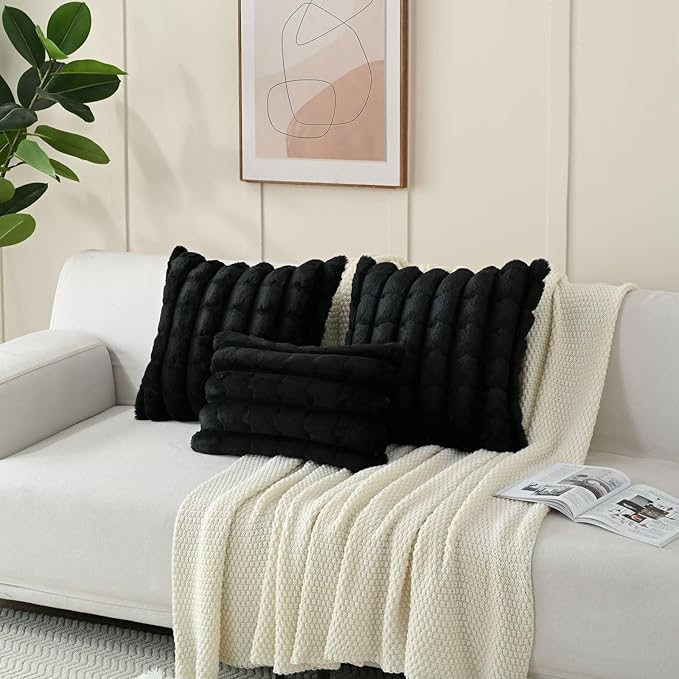 FUTEI Black Decorative Throw Pillow Covers 18x18 Inch Set of 2, Square Soft Faux Rabbit Fur Thick Plaid Cushion Cover,Winter Home Decor for Couch Bed Living Room