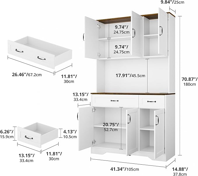 Cozy Castle 71" Tall Kitchen Hutch Cabinet with Drawers and Power Outlet, Farmhouse Pantry Storage Cabinet, Large Wood Coffee Bar Microwave Stand Cupboard for Dining Room Living Room, White