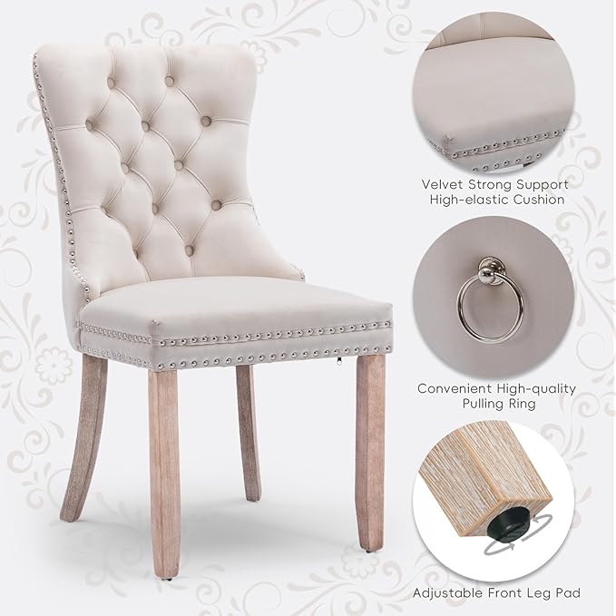 Velvet Upholstered Dining Chairs Set of 4, Modern Style Kitchen Side Chairs with Nailhead Trim and Wood Legs,Metal Pulling Ring for Dining Room Living Room(Beige,Set of 4)