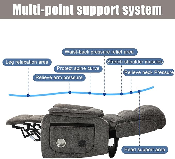 Lift Chair Lay Flat Recliner Heat Massage Dual Motor Infinite Position Power Recliners with Left Side Tray Table-Wireless Charger,Cup Holder (Dark Grey Chenille Fabric)
