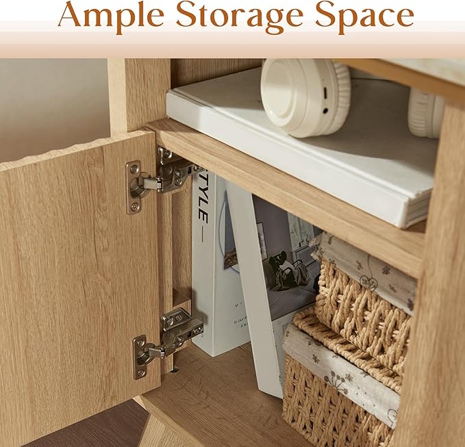 QUW Fluted Nightstands Set of 2 with Charging Station, 18" Modern Side Table, Wooden Bedside Table with Faux Marble Top, Open Storage, Cabinet, End Table for Bedroom, Living Room, Natural Oak