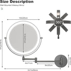 Hasipu 10-Inch Wall Mounted Makeup Mirror with Magnification, Rechargeable 3000 mAh Vanity Mirror with Lights, Bathroom Mirror with Dimmable Brightness, 3 Lighting Modes, Extendable Arm, Black