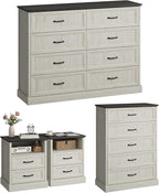 CARPETNAL Farmhouse Dresser and Nightstand Sets for Bedroom, 4 Pcs Bedroom Set, 5 Drawer & 8 Drawer Dresser and Nightstand Set of 2, Wood Chest of Drawers for Living Room, Entryway, White