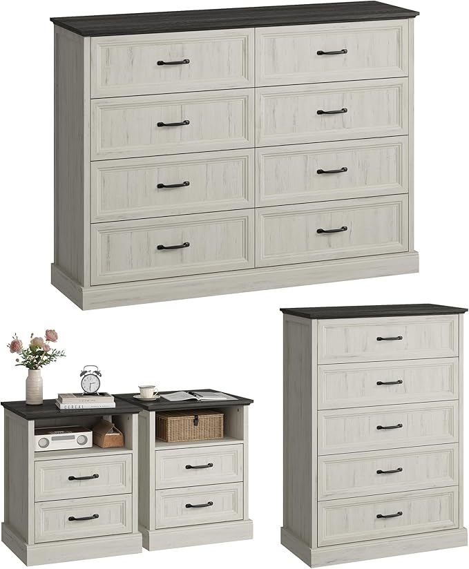 CARPETNAL Farmhouse Dresser and Nightstand Sets for Bedroom, 4 Pcs Bedroom Set, 5 Drawer & 8 Drawer Dresser and Nightstand Set of 2, Wood Chest of Drawers for Living Room, Entryway, White